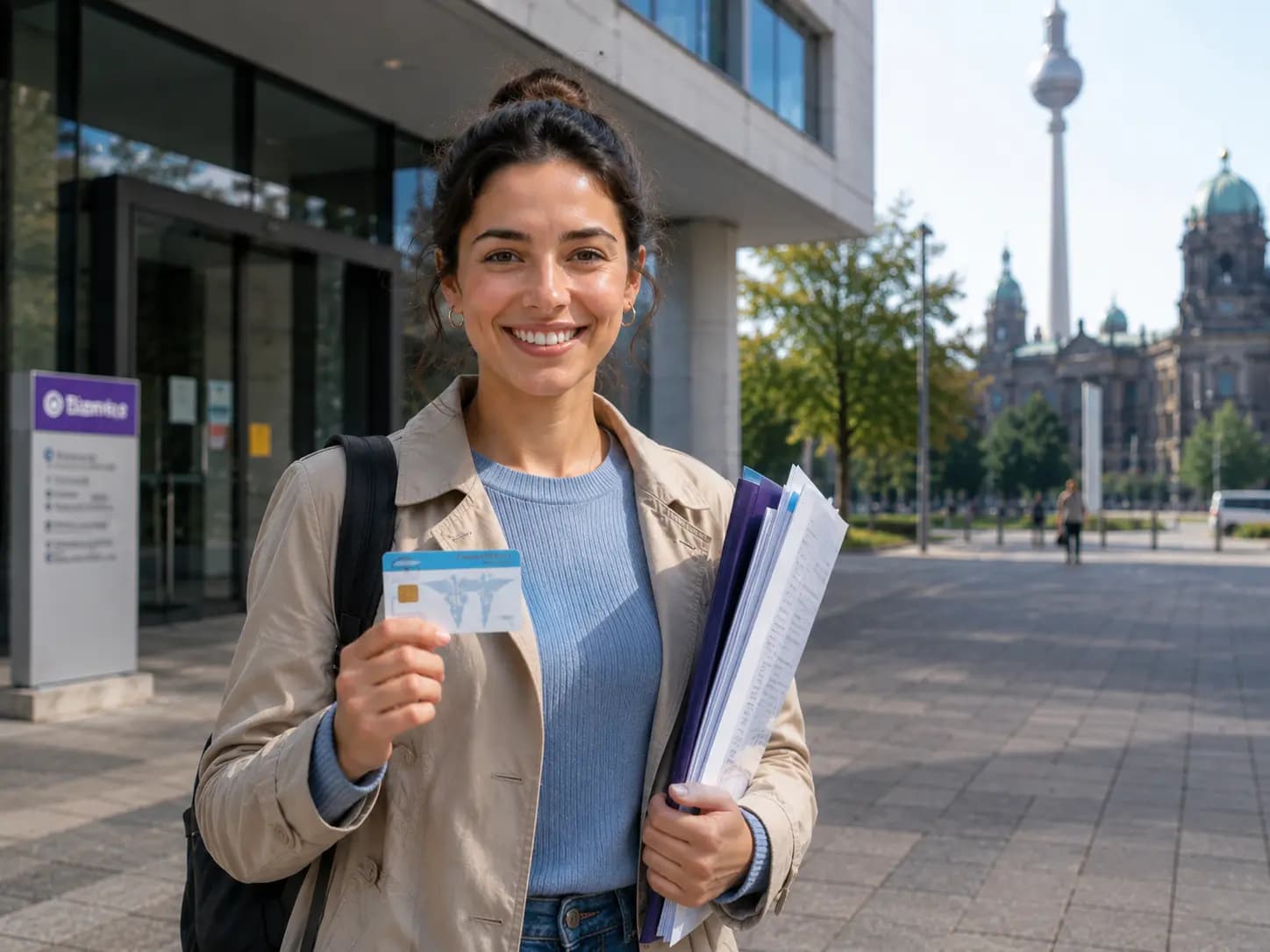 International student holding an insurance card in Berlin